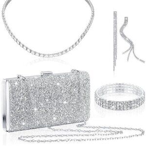 BRAND NEW 4 Pc Women Rhinestone Clutch Bag Bling Earring Necklace Bracelet Set